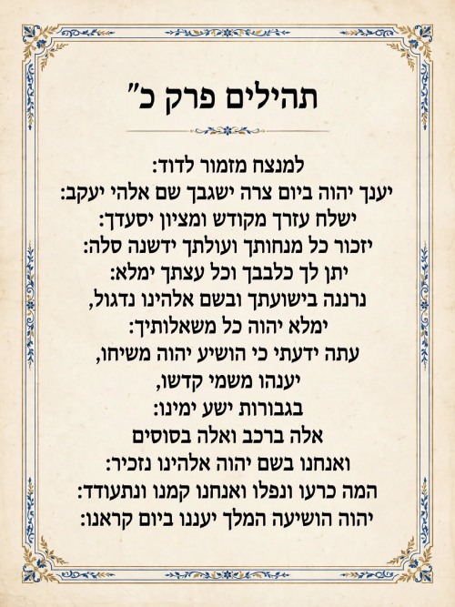 תהילים פרק כ יענך ה' ביום צרה תפילה ישועה ביום צרה